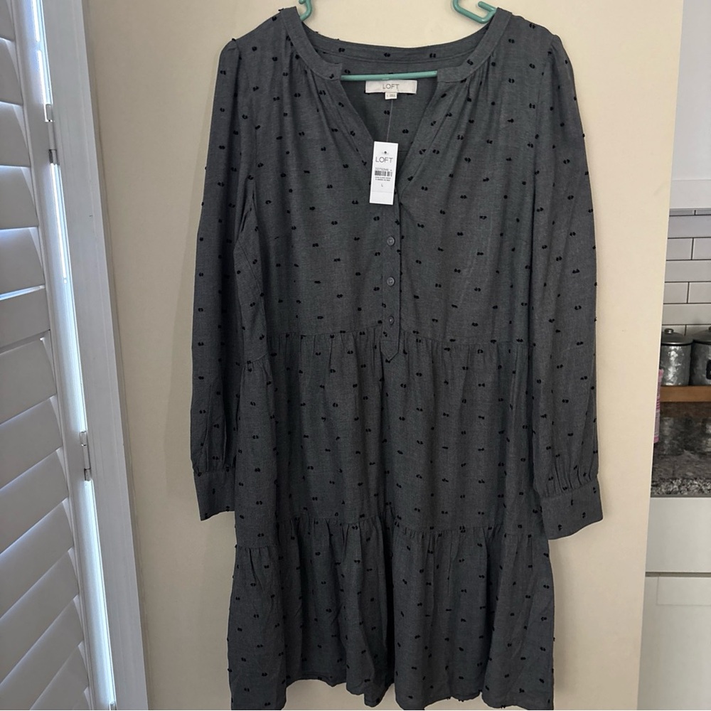 LOFT Charcoal Polka Dot Long Sleeve Dress